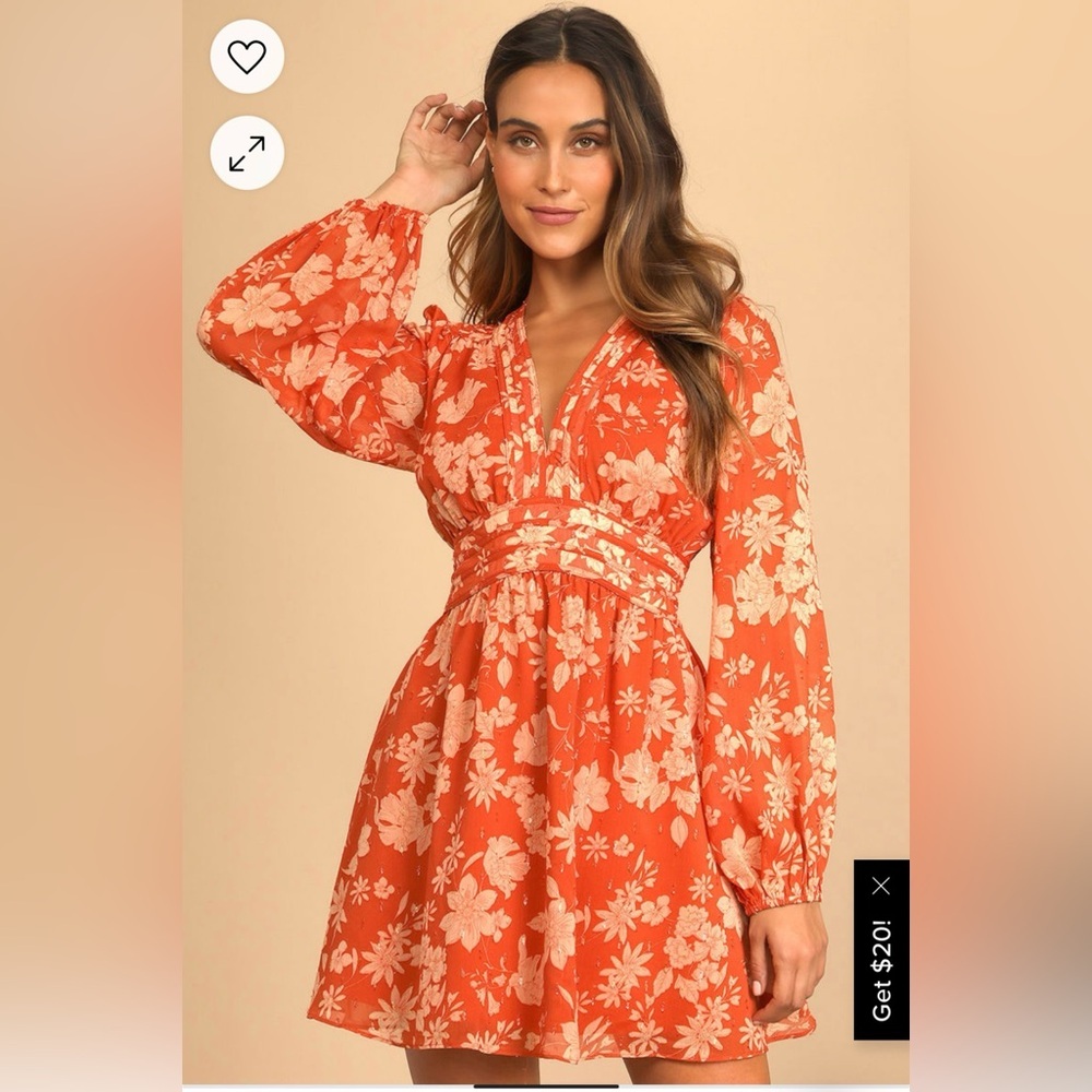 LULU’s  Rust Orange Floral Print Long Sleeve Mini Dress SIZE: SMALL